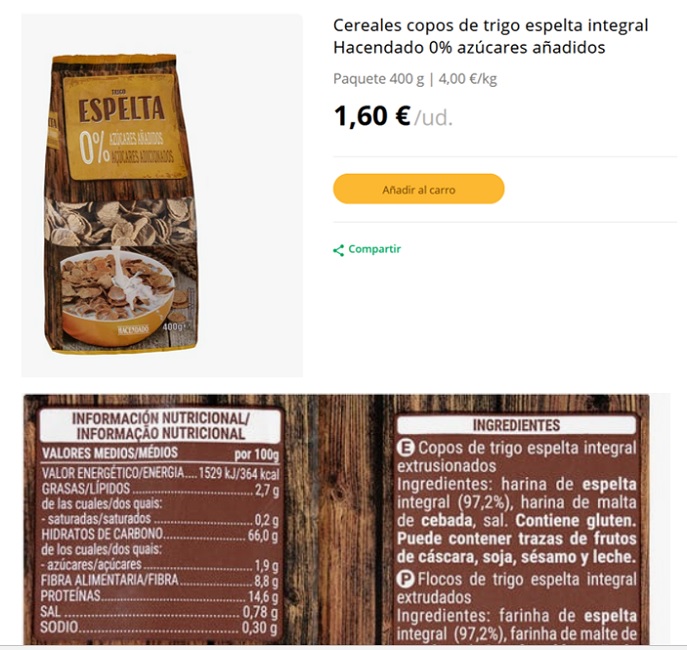 Cereales copos de trigo espelta integral Hacendado 0%