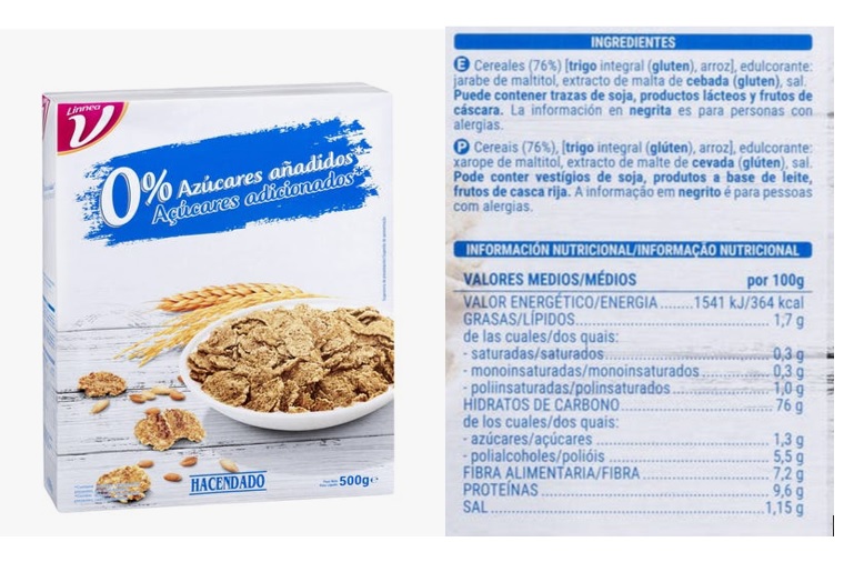 Cereales copos de trigo integral y arroz Hacendado 0%. Linnea V