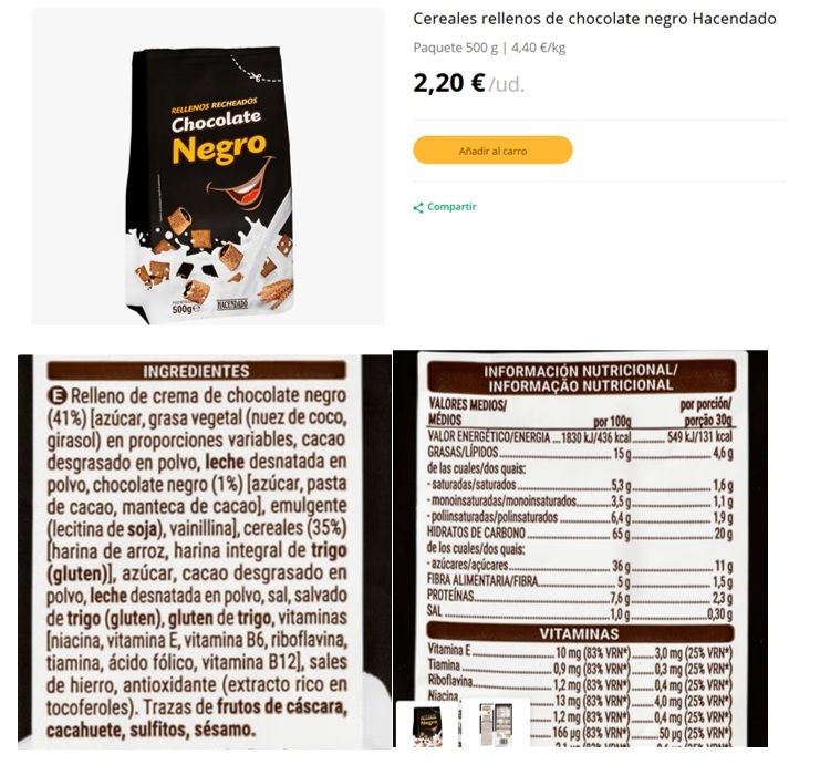 Cereales rellenos de chocolate negro Hacendado 2022