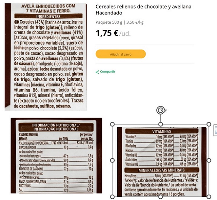 Cereales rellenos de chocolate y avellana Hacendado 2022