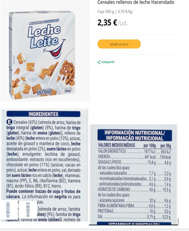 Cereales rellenos de leche Hacendado 2022