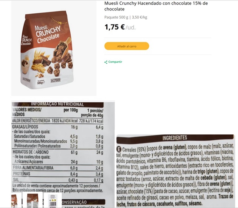 Muesly Crunchy Hacendado con chocolate 2022